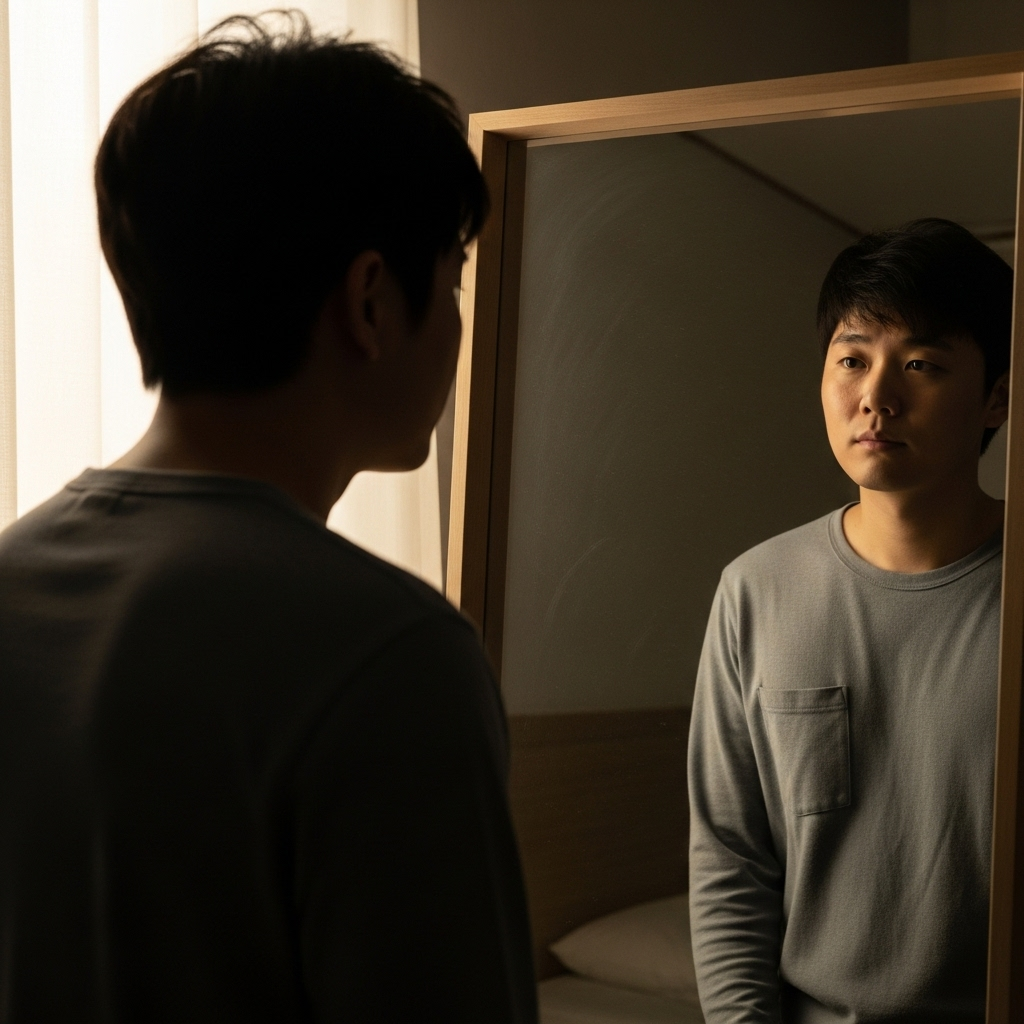 A young Korean person standing before a mirror, thoughtful expression, dim home lighting, realistic lifestyle photography, no text.