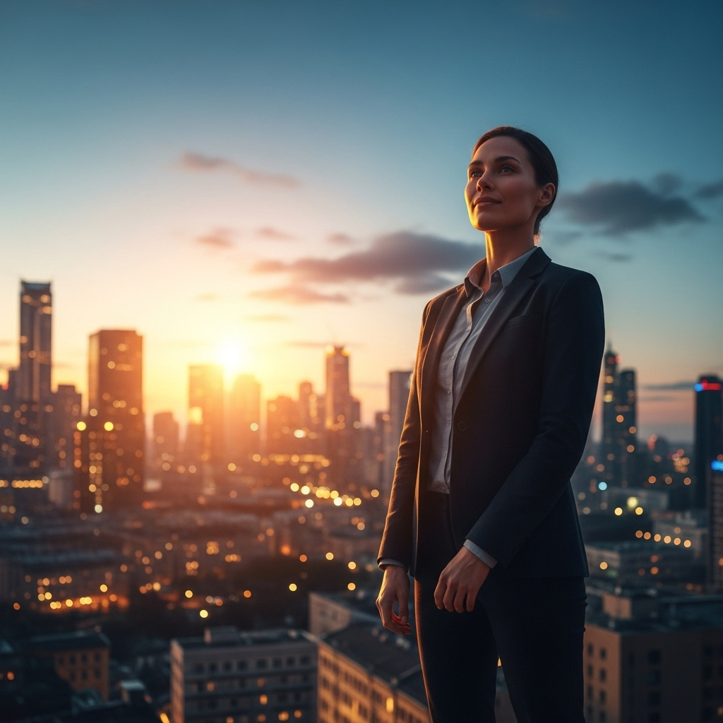 A confident person standing in a cityscape at dusk, with determined eyes and calm posture, warm lighting, optimistic mood, no text.