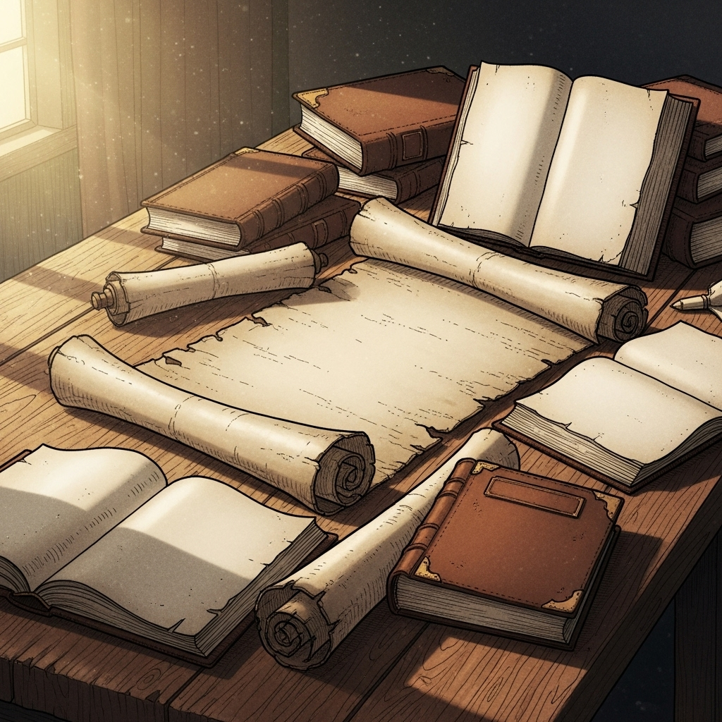 Elegant illustration of ancient scrolls and books open on a wooden table with warm afternoon light, no text.