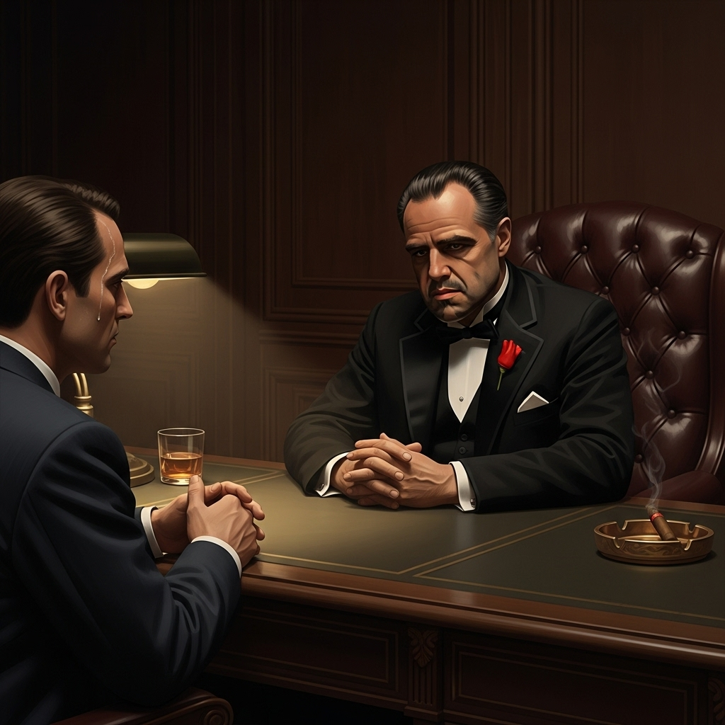 A sophisticated illustration of Vito Corleone, the head of a powerful family, making a discreet yet firm 'offer' to a man in a formal setting. The atmosphere is tense but calm, emphasizing power dynamics and an underlying threat. Style: cinematic illustration, no text, Korean characters.