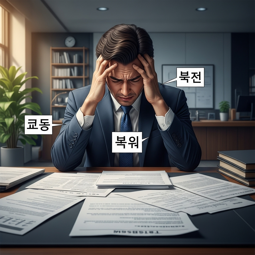 A man in a business suit sitting at a large desk, his head in his hands, surrounded by complex documents or contracts. His face shows clear signs of stress and internal conflict, indicating he's facing a tough decision with limited options. The room is modern and slightly dimly lit. Style: realistic illustration, no text, Korean characters.