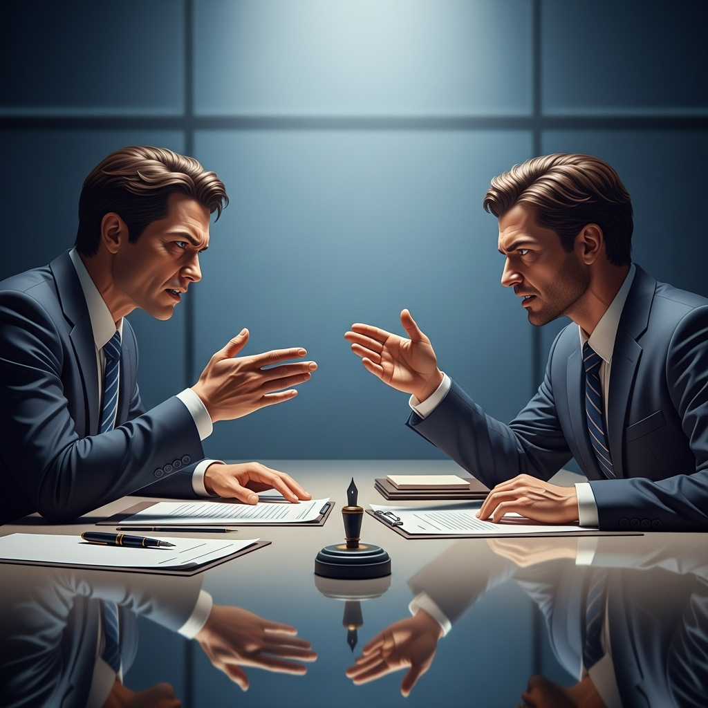Two individuals, one seemingly more dominant and confident, are engaged in an intense negotiation at a large, polished table. The lighting emphasizes the power dynamic. Documents and a single, symbolic object (e.g., an old-fashioned fountain pen) are on the table. Style: corporate illustration, no text, Korean characters.