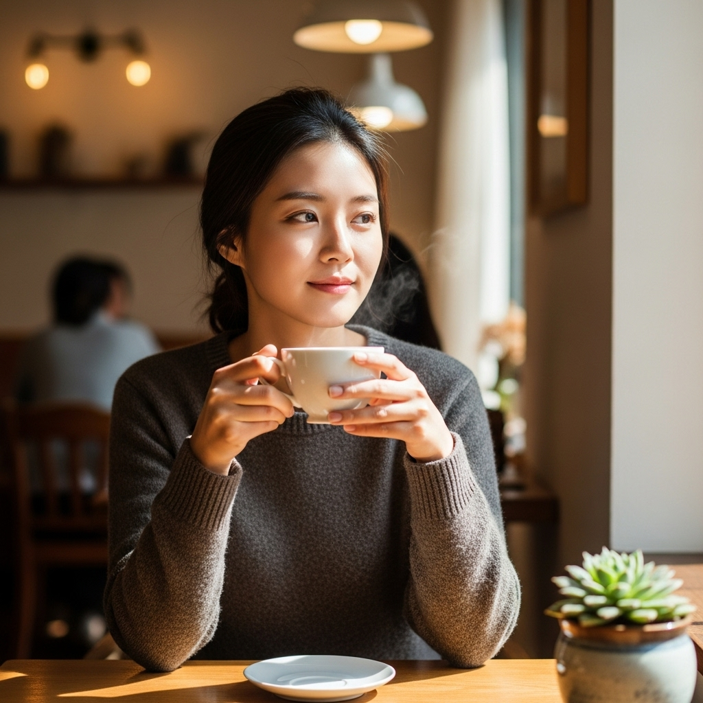 A young Korean woman sitting in a cozy, sunlit cafe, holding a teacup and looking thoughtfully out the window. She appears to be contemplating a deep decision, her expression reflective and calm. The atmosphere is warm and inviting. Style: lifestyle photography, no text.