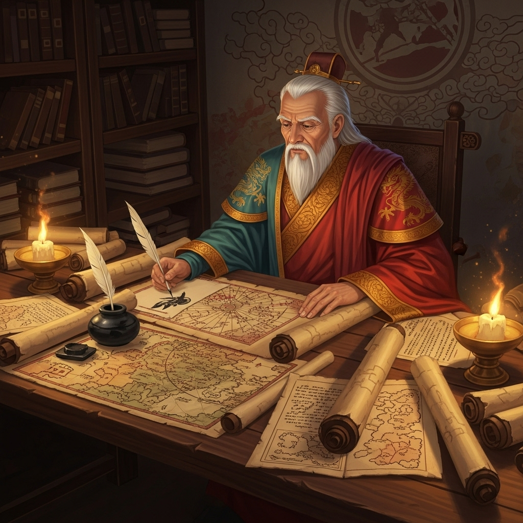 Illustration depicting an old strategist with scrolls and maps, inspired by ancient Chinese and Italian wisdom. Warm lighting, traditional atmosphere, no text.