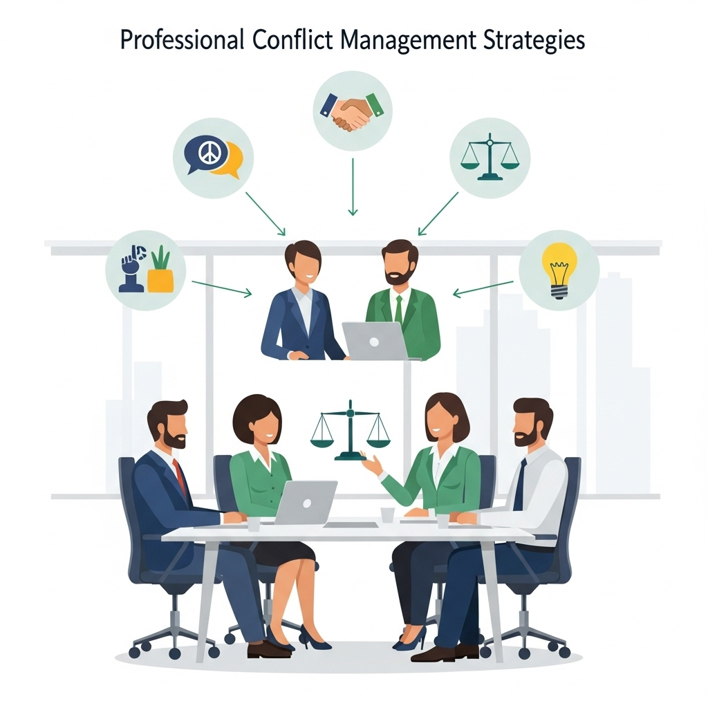 Infographic showing professional conflict management strategies in the workplace, people communicating calmly in office setting, clean design, no text.