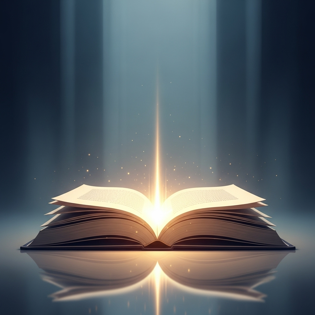 Illustration of an open book with a glowing light representing wisdom, calm and reflective atmosphere, no text.