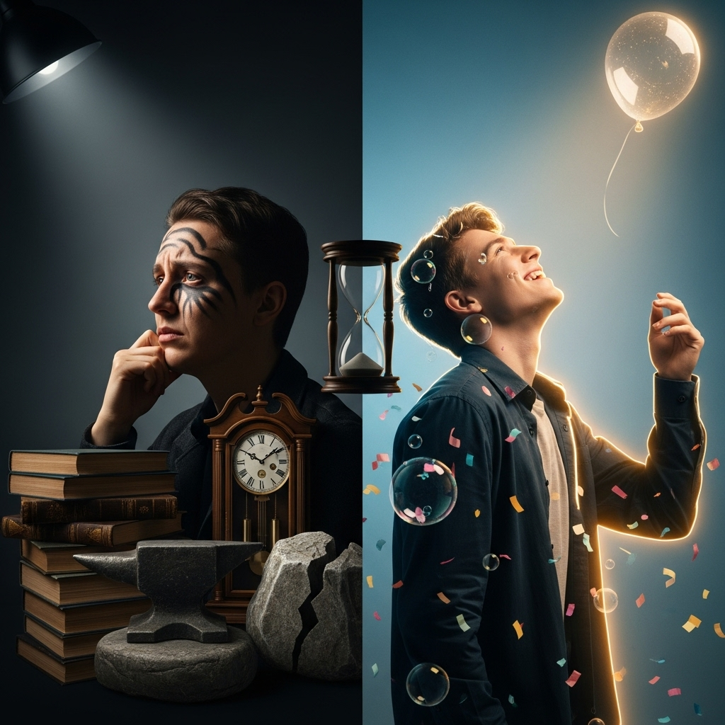 A contemplative scene showing the contrast between serious and playful attitudes in life, with symbolic elements representing laughter and lightness versus heavy seriousness. Cinematic lighting, dramatic composition, no text.