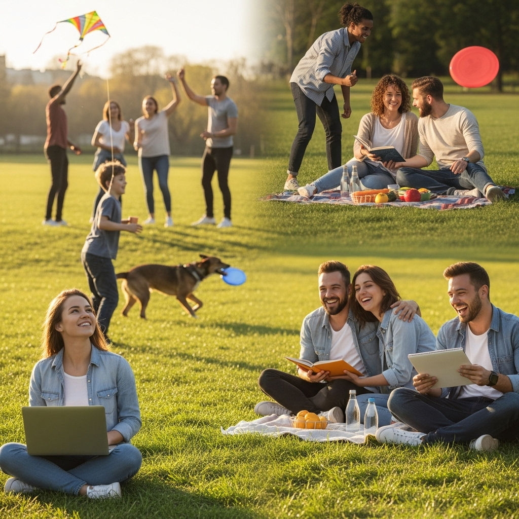 A balanced lifestyle scene showing people enjoying light moments while maintaining responsibility, warm natural lighting, candid photography style capturing genuine emotions, no text.