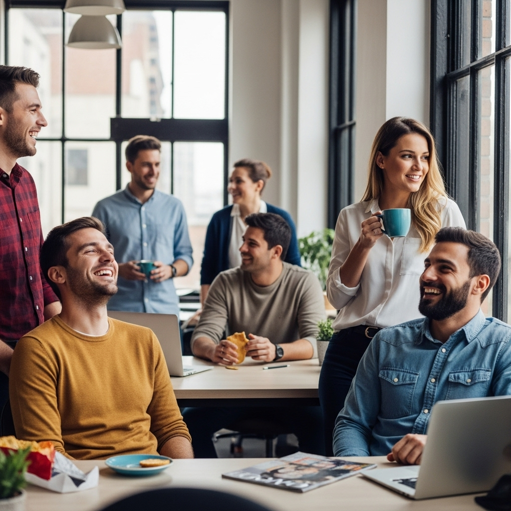Everyday life scene showing people taking breaks from serious work, enjoying small moments of joy and laughter, natural indoor lighting, lifestyle photography capturing relaxed atmosphere, no text.
