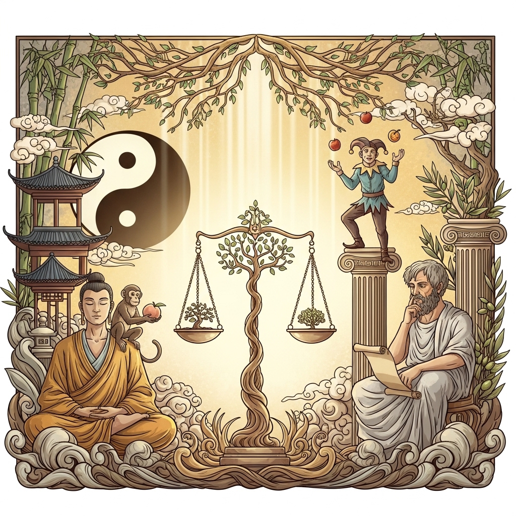 Symbolic representation of Eastern and Western philosophical wisdom about balance and humor, artistic illustration style with cultural elements, warm golden lighting, no text.