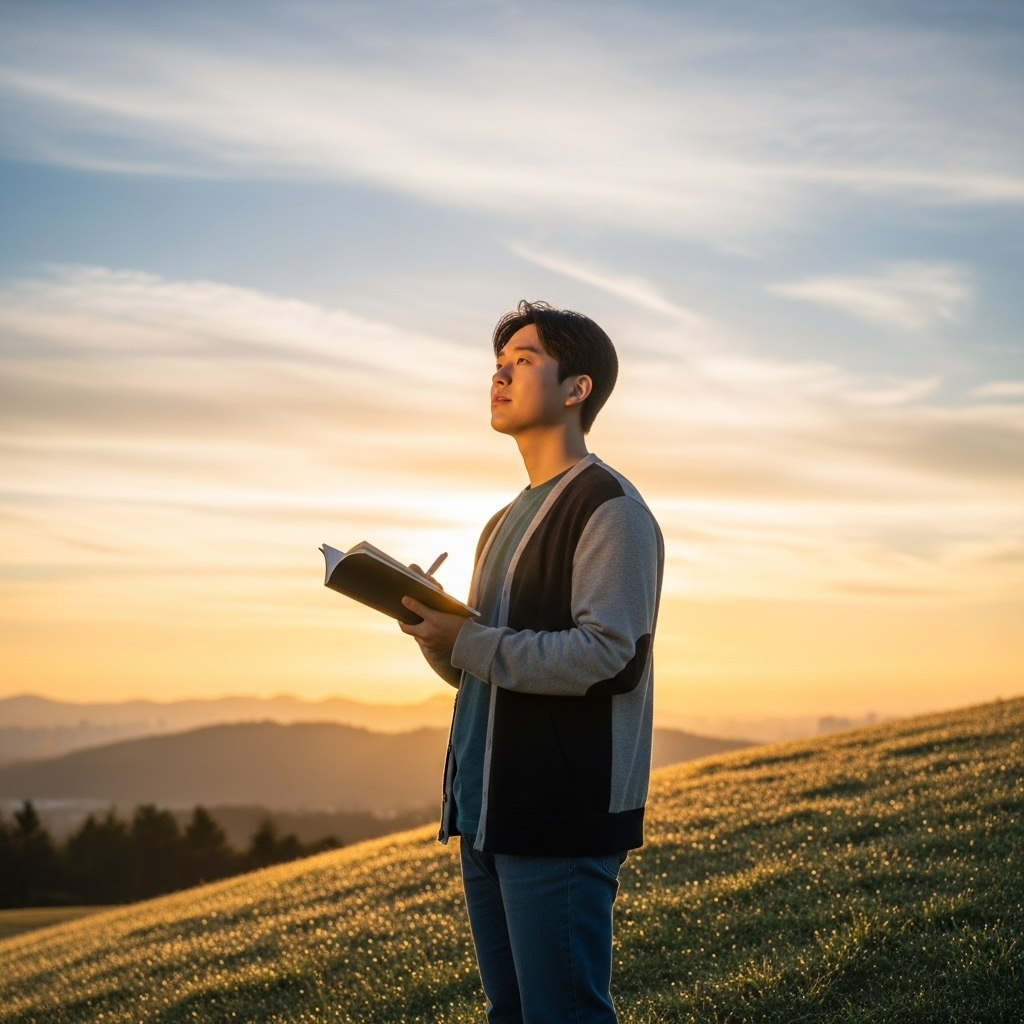 A young Korean person standing at sunrise on a hill, holding a notebook and dreaming of the future, warm light and hopeful atmosphere, lifestyle photography, no text.