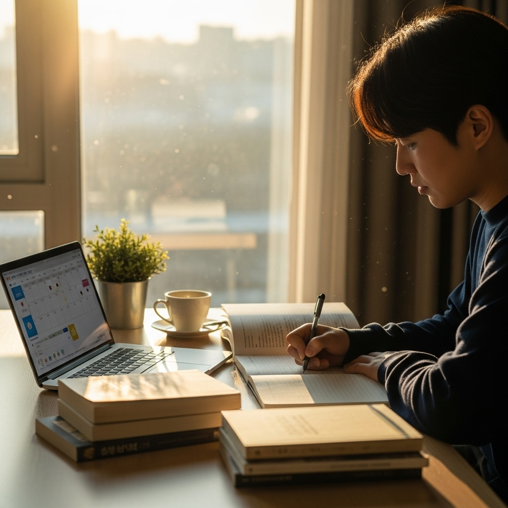A Korean person studying and planning goals with books and laptop by a window, morning sunlight, calm atmosphere, lifestyle photography, no text.