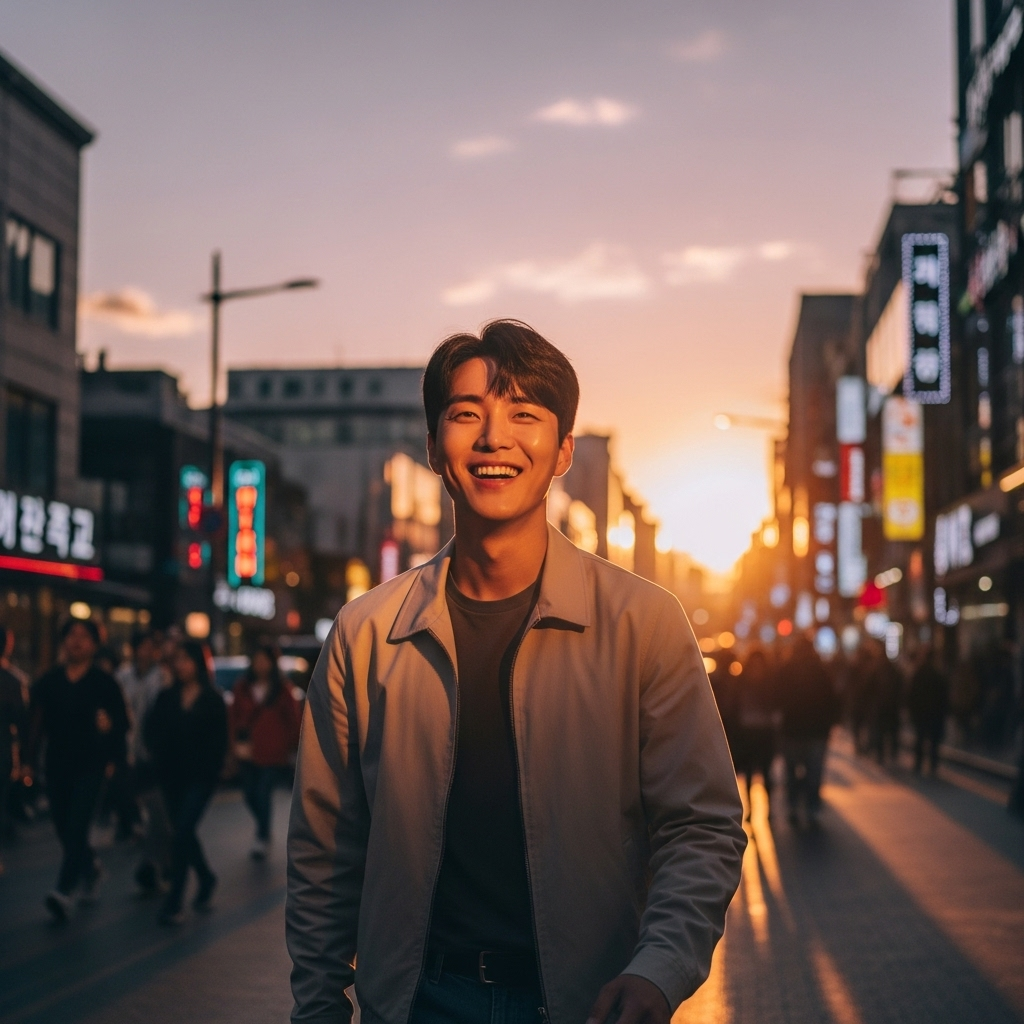 Korean young man smiling while walking through a city at sunset, feeling grateful and alive, warm tones, lifestyle photography, no text.