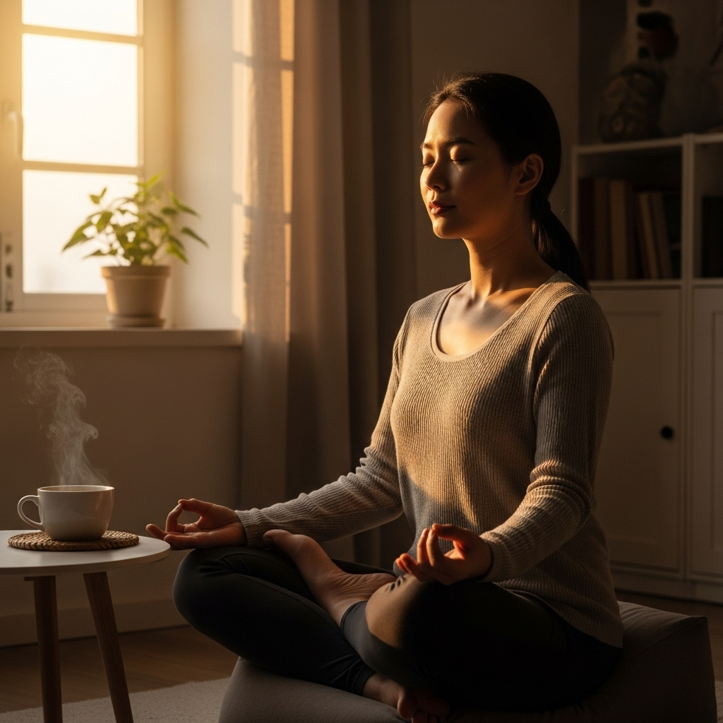 Korean woman meditating near window in morning light with coffee cup, peaceful and mindful atmosphere, lifestyle photograph, no text.