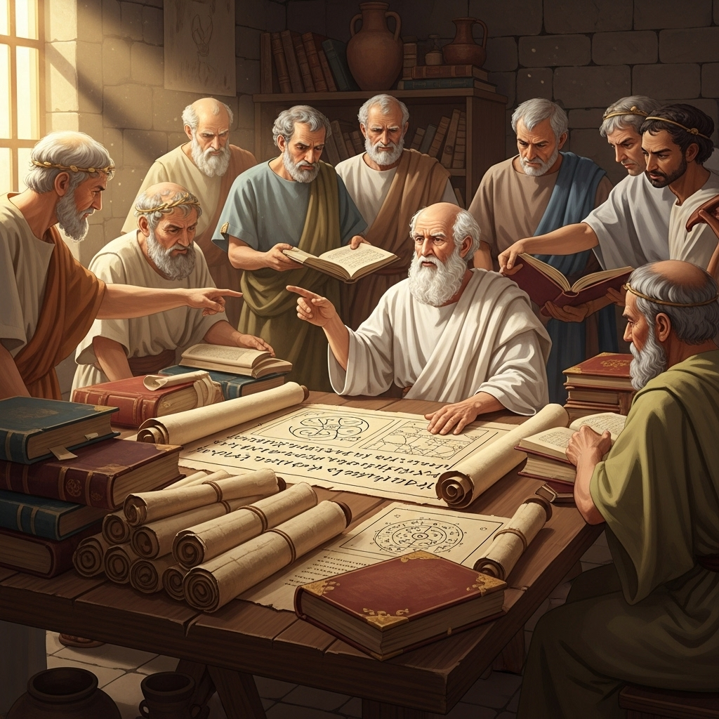 illustration of ancient philosophers and scrolls on table with books and sunlight, warm tone, no text.