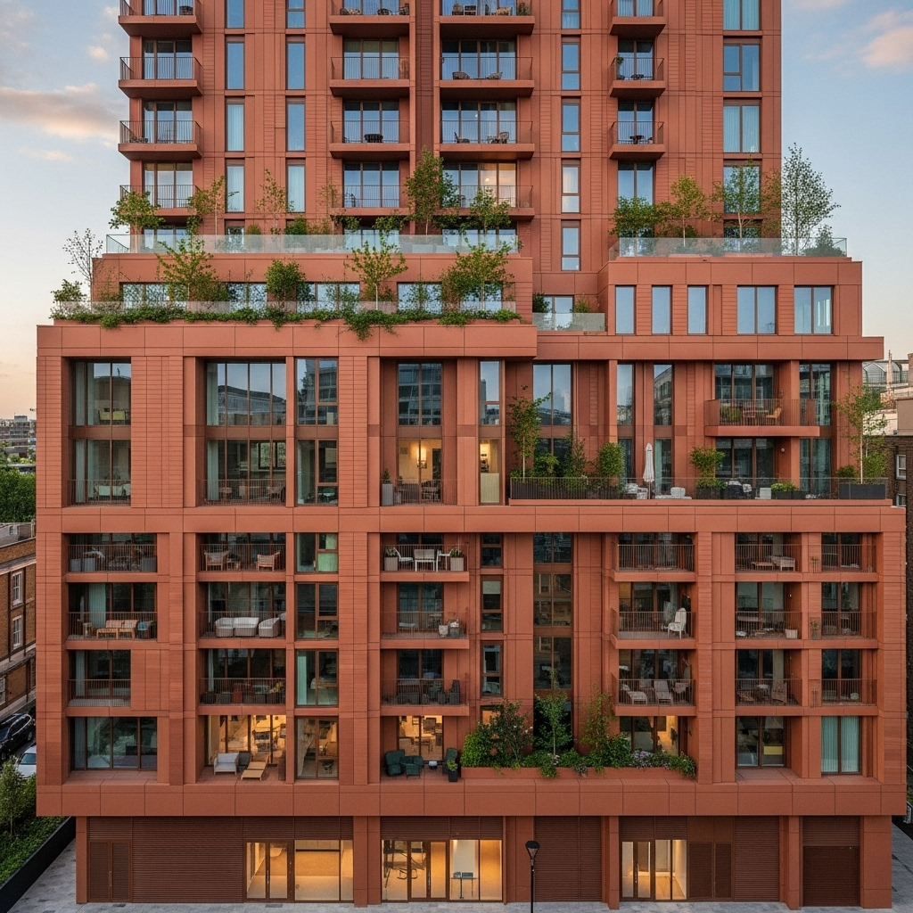 Modern residential building with terracotta-colored facade in London, featuring contemporary architecture design with communal spaces and gardens, natural daylight, architectural photography style, no text