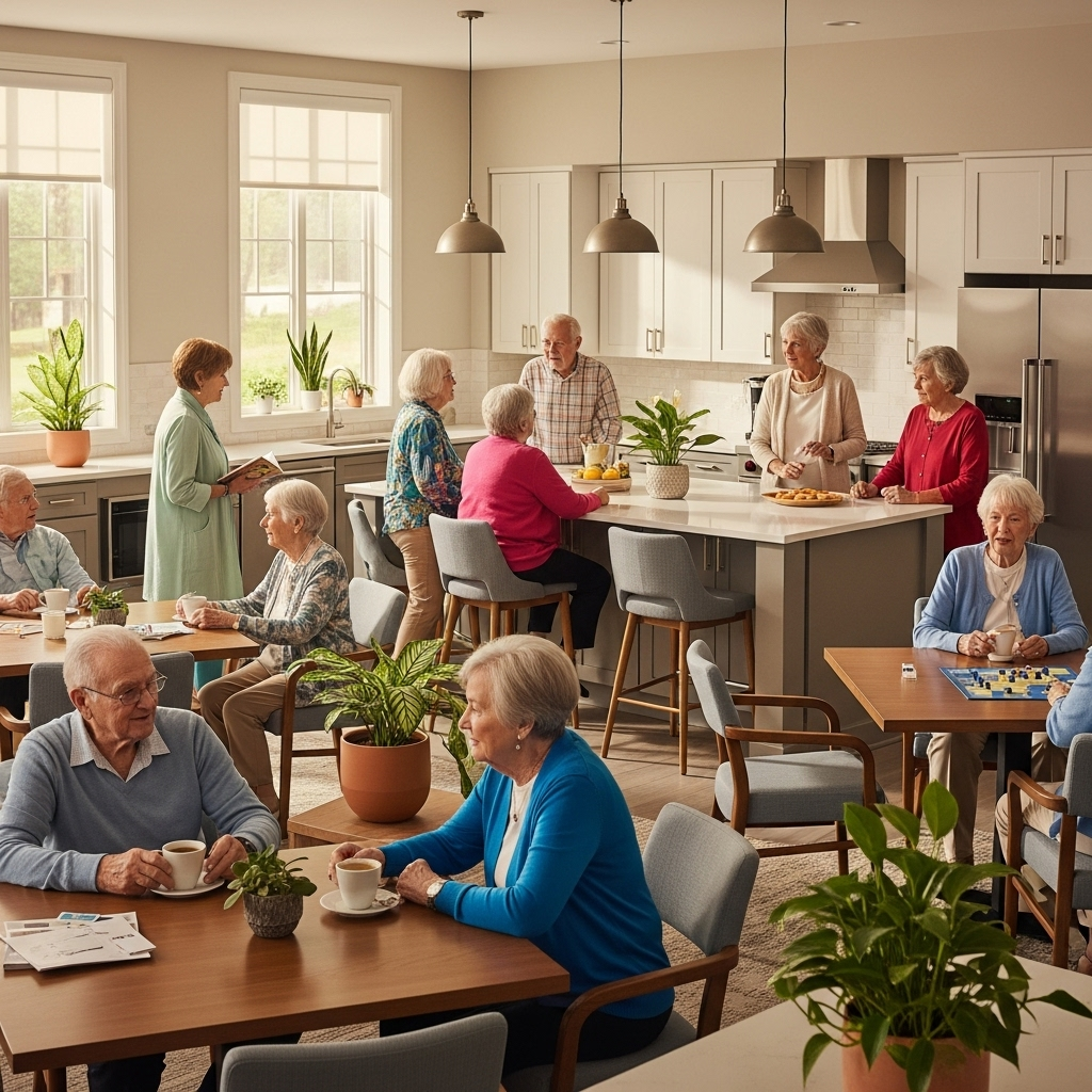 Elderly residents socializing in a bright communal kitchen and dining area, warm natural lighting, comfortable modern furniture, plants and terracotta elements, lifestyle photography, no text