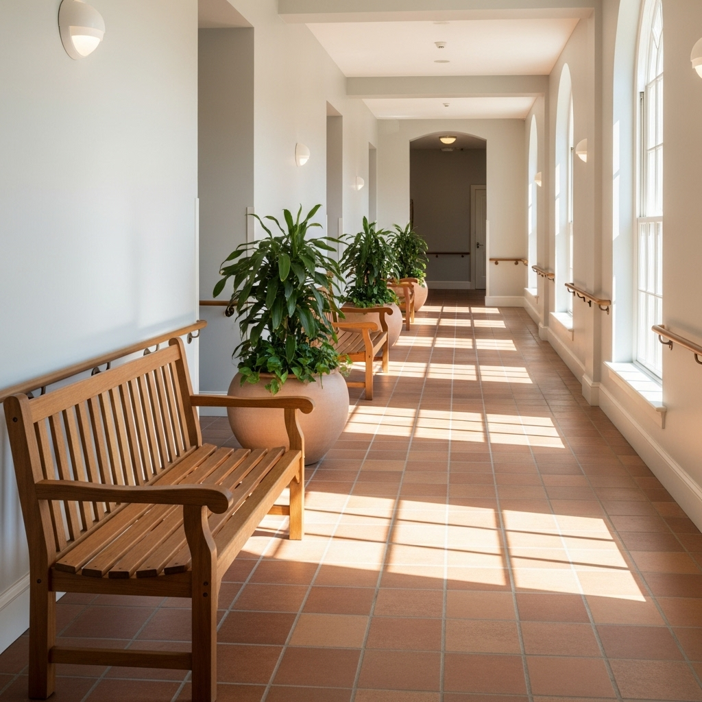 Terracotta-paved hallway with benches and lush plants, natural lighting streaming through windows, elderly-friendly design elements, warm and welcoming atmosphere, architectural interior photography, no text