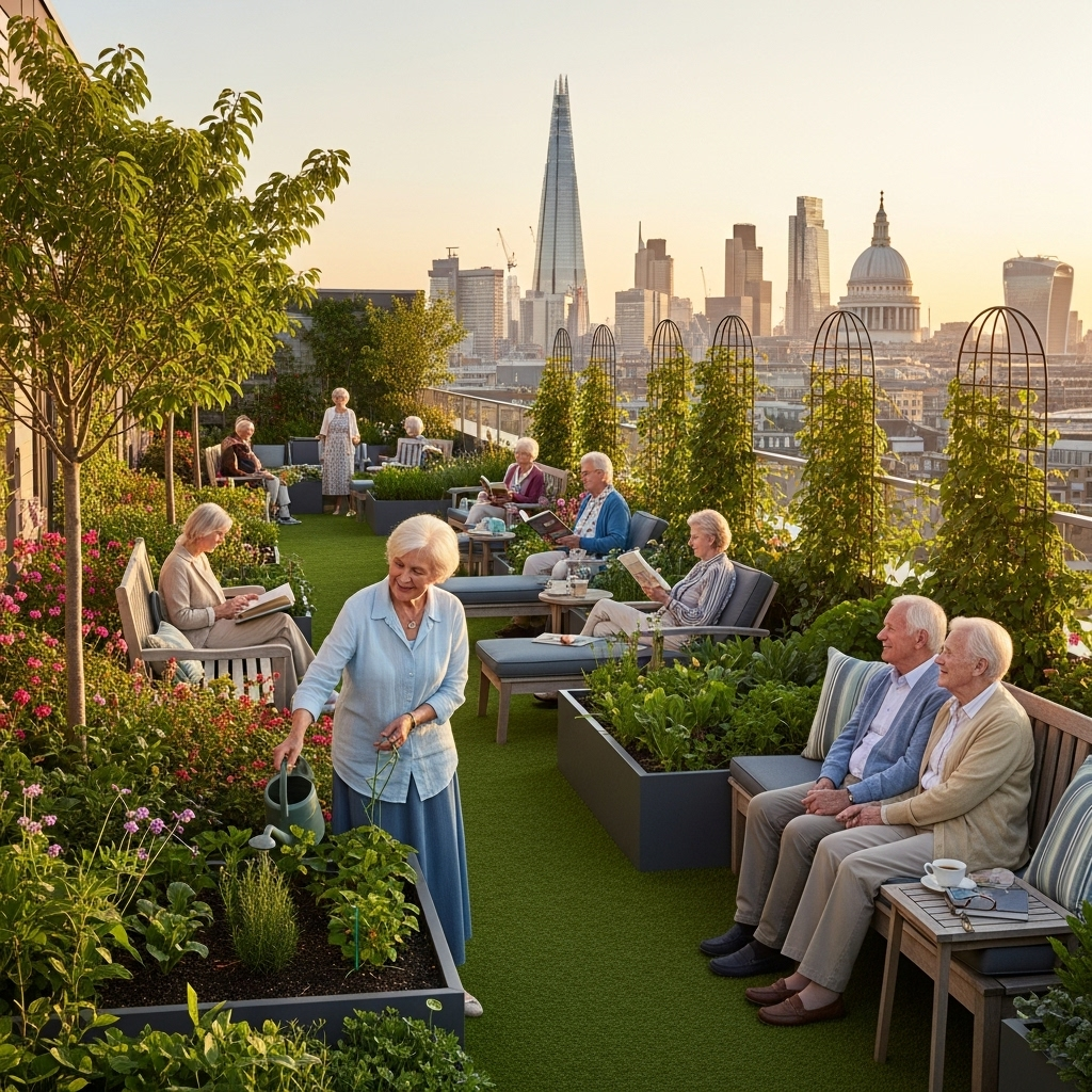 Rooftop garden with elderly residents enjoying peaceful moments, lush greenery, comfortable seating areas, London cityscape in background, golden hour lighting, lifestyle photography, no text