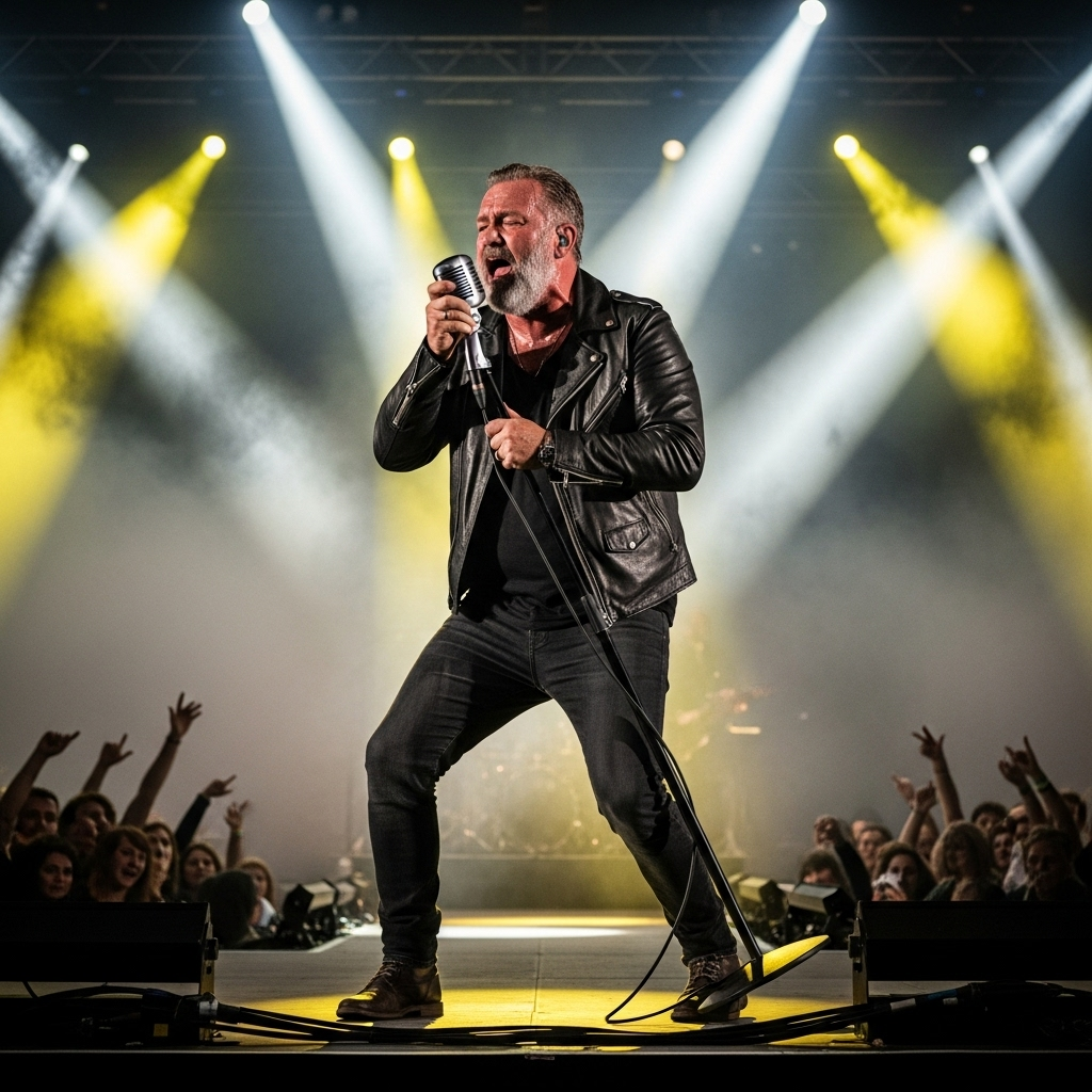 A mature Scottish male singer performing energetically on stage with microphone, spotlights, concert atmosphere, audience in background, lifestyle photography, natural stage lighting, no text
