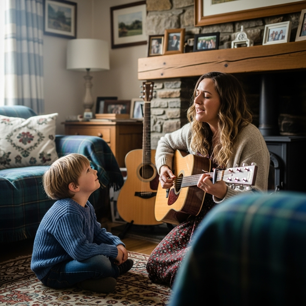 A young boy watching his mother singing at home, warm family atmosphere, Scottish household setting, emotional connection through music, soft natural lighting, lifestyle photography, no text