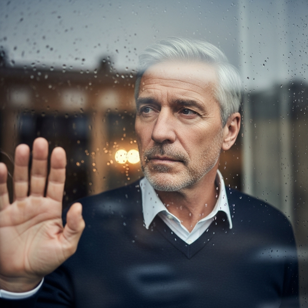 A contemplative mature man looking out window, reflecting on fame and reality, soft natural lighting, introspective mood, realistic portrait photography, no text