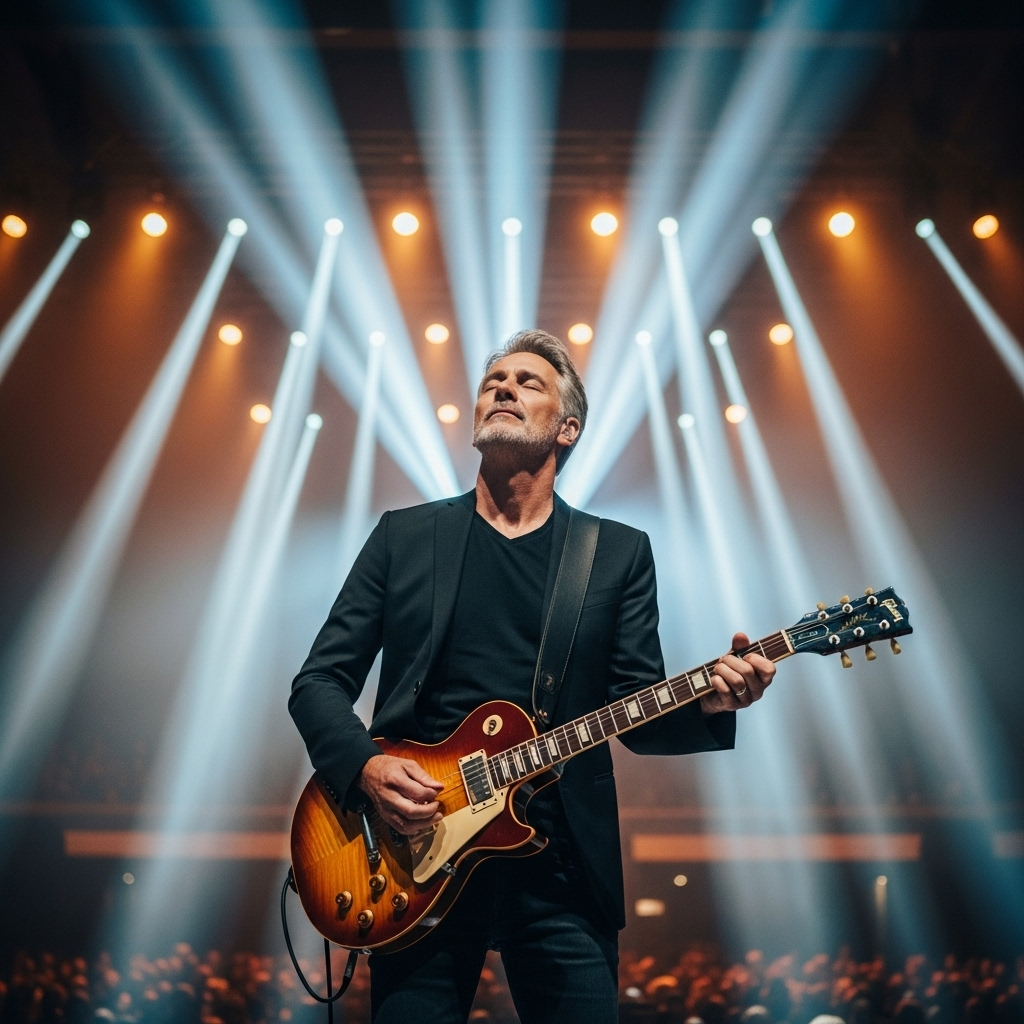 A mature musician on stage with guitar, looking toward bright stage lights, symbolizing ongoing musical journey, concert venue atmosphere, inspirational mood, no text