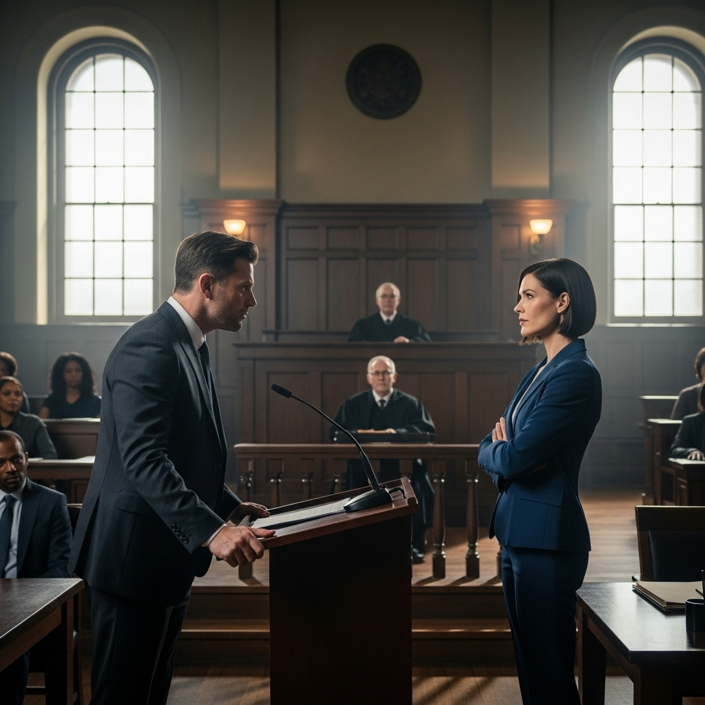 A tense courtroom with two people confronting each other, realistic lighting and atmosphere, no text.