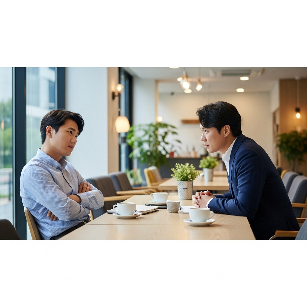 A realistic Korean office or cafe scene where two people have a deep conversation, one seems uncomfortable, natural light, no text.