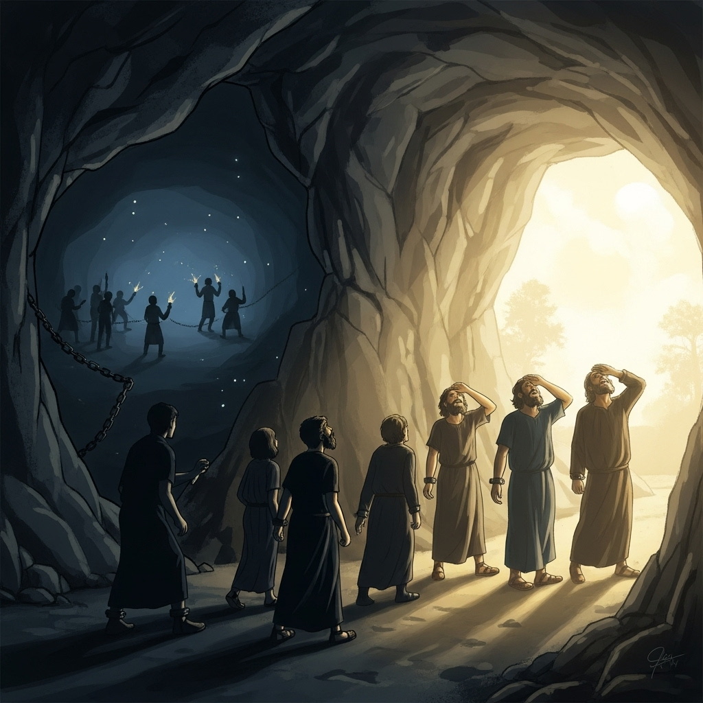 An artistic illustration of Plato’s cave allegory with people emerging into light, soft lighting, no text.