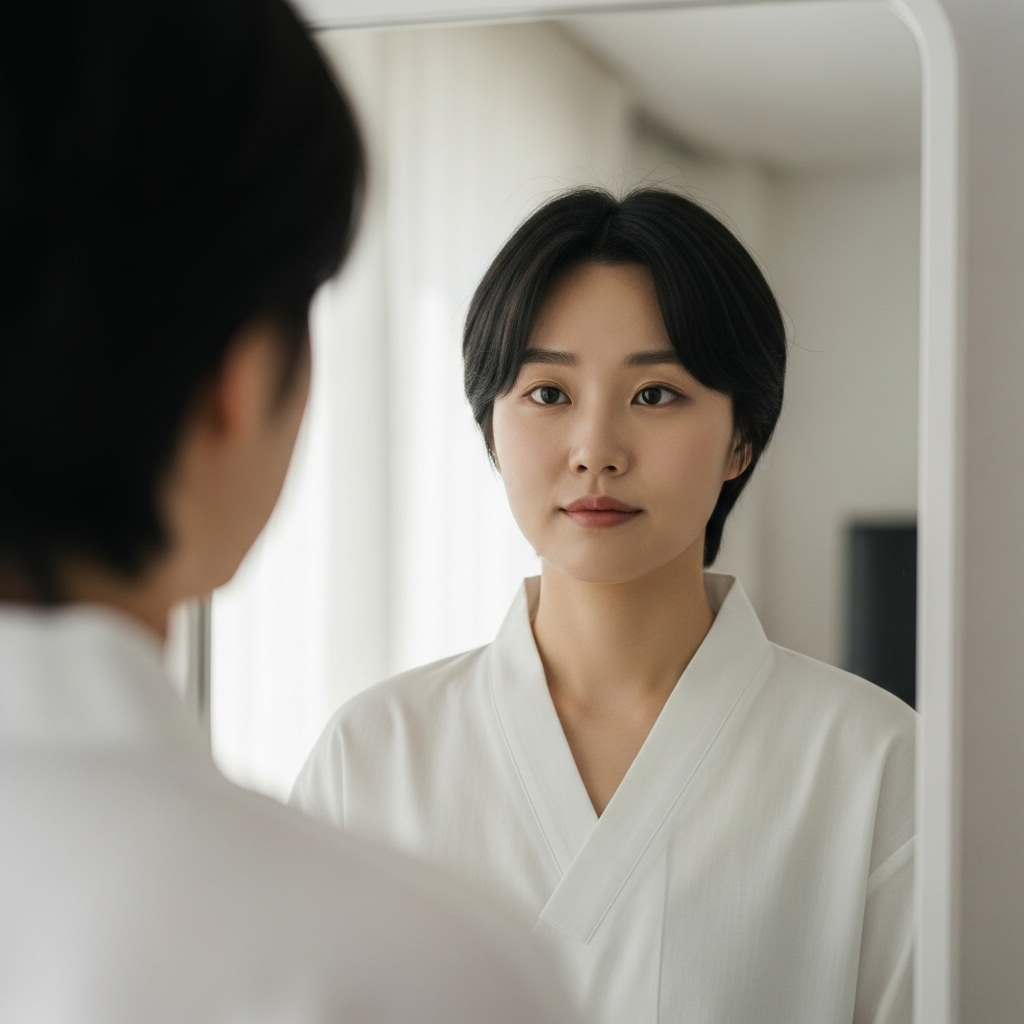 A calm Korean person standing before a mirror with determined eyes, soft natural light, introspective atmosphere, no text.