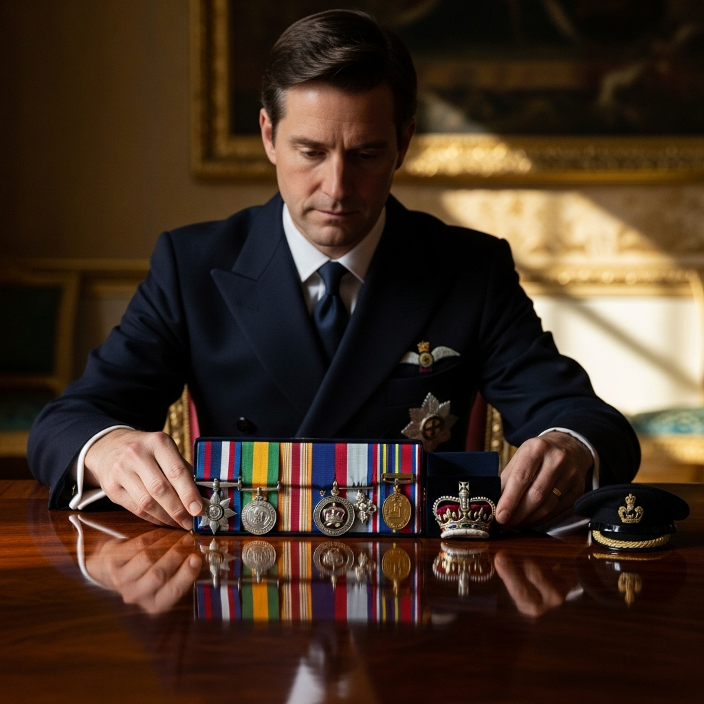 A realistic illustration showing a British royal setting down military and royal insignia on a polished table, conveying symbolism and reflection, soft lighting, no text.