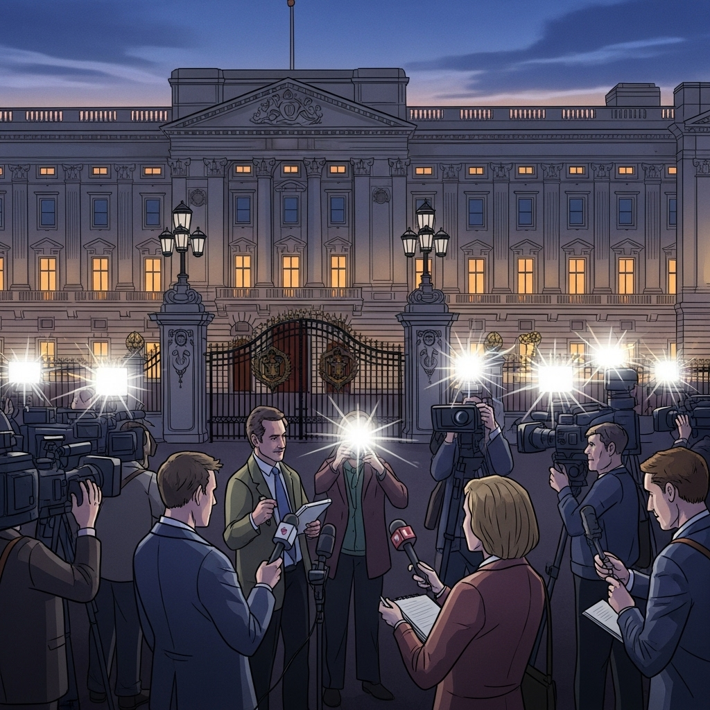 Illustration of Buckingham Palace exterior at dusk, with journalists outside and flashing cameras, symbolizing media scrutiny, in semi-realistic style, no text.