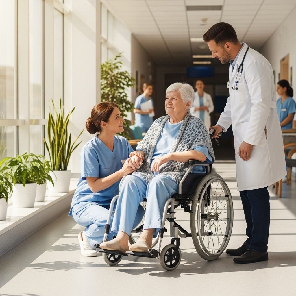 Elderly patient with dementia in a hospital setting, showing dignified care with medical staff providing gentle assistance. Clean hospital environment with natural lighting, emphasizing compassionate healthcare. No text.
