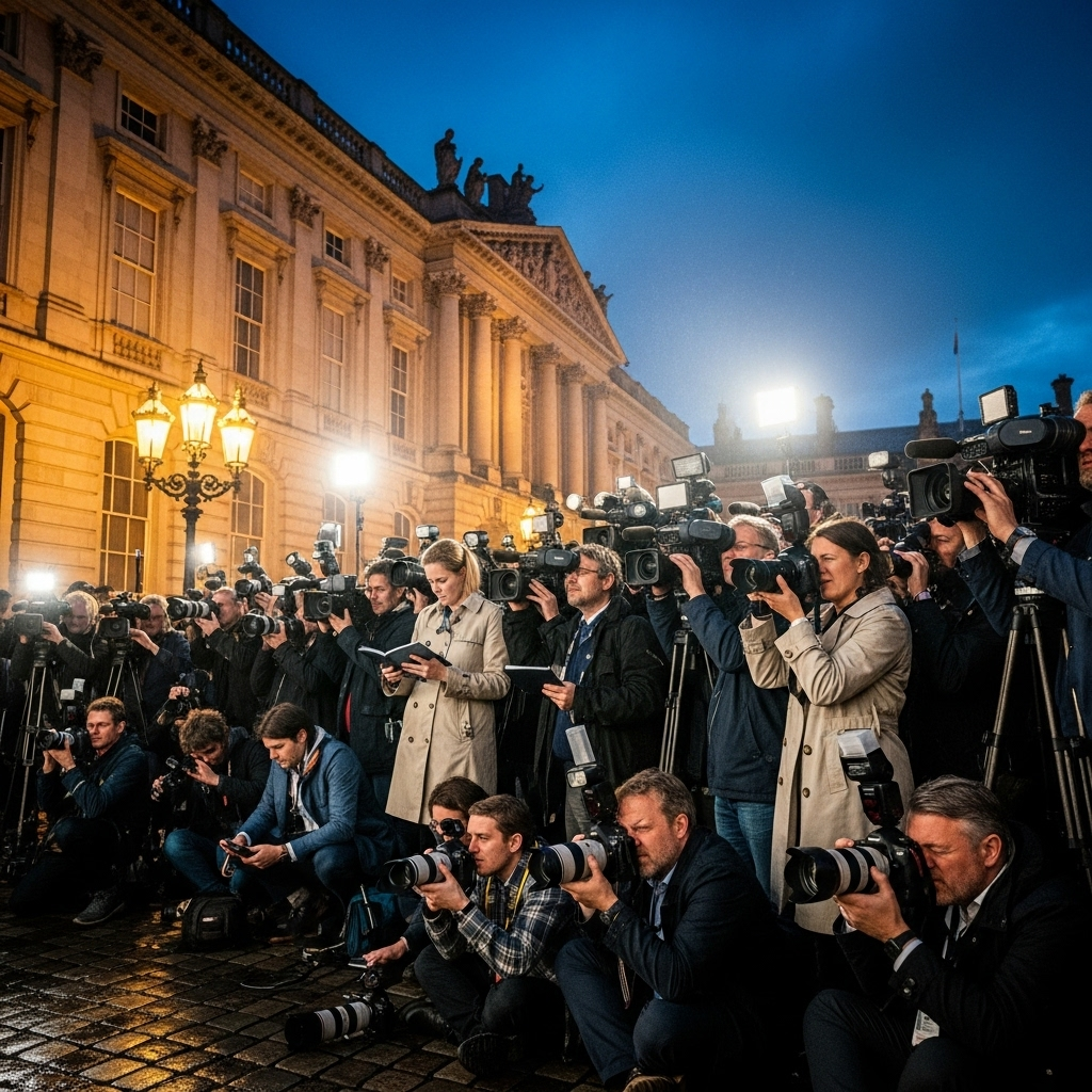 A crowd of reporters and photographers outside a stately building, capturing royal-related news, night lighting, no text.