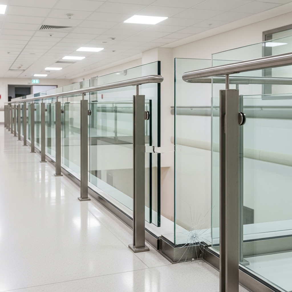Hospital corridor with safety railings and glass surfaces, showing potential hazards in healthcare facilities. Focus on architectural elements that need proper safety measures. Clean, institutional lighting. No text.