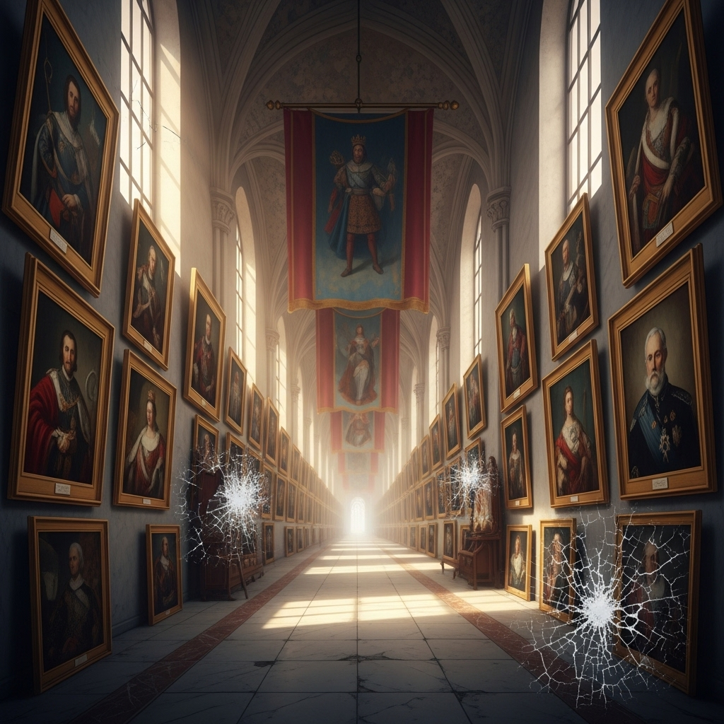 Illustration of a symbolic royal hallway with fading portraits, suggesting introspection and change, warm soft lighting, no text.