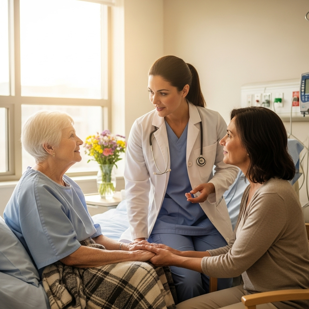 Healthcare professionals having a respectful conversation with an elderly patient and family member in a hospital room. Emphasis on communication, empathy, and patient dignity. Warm, natural lighting. No text.
