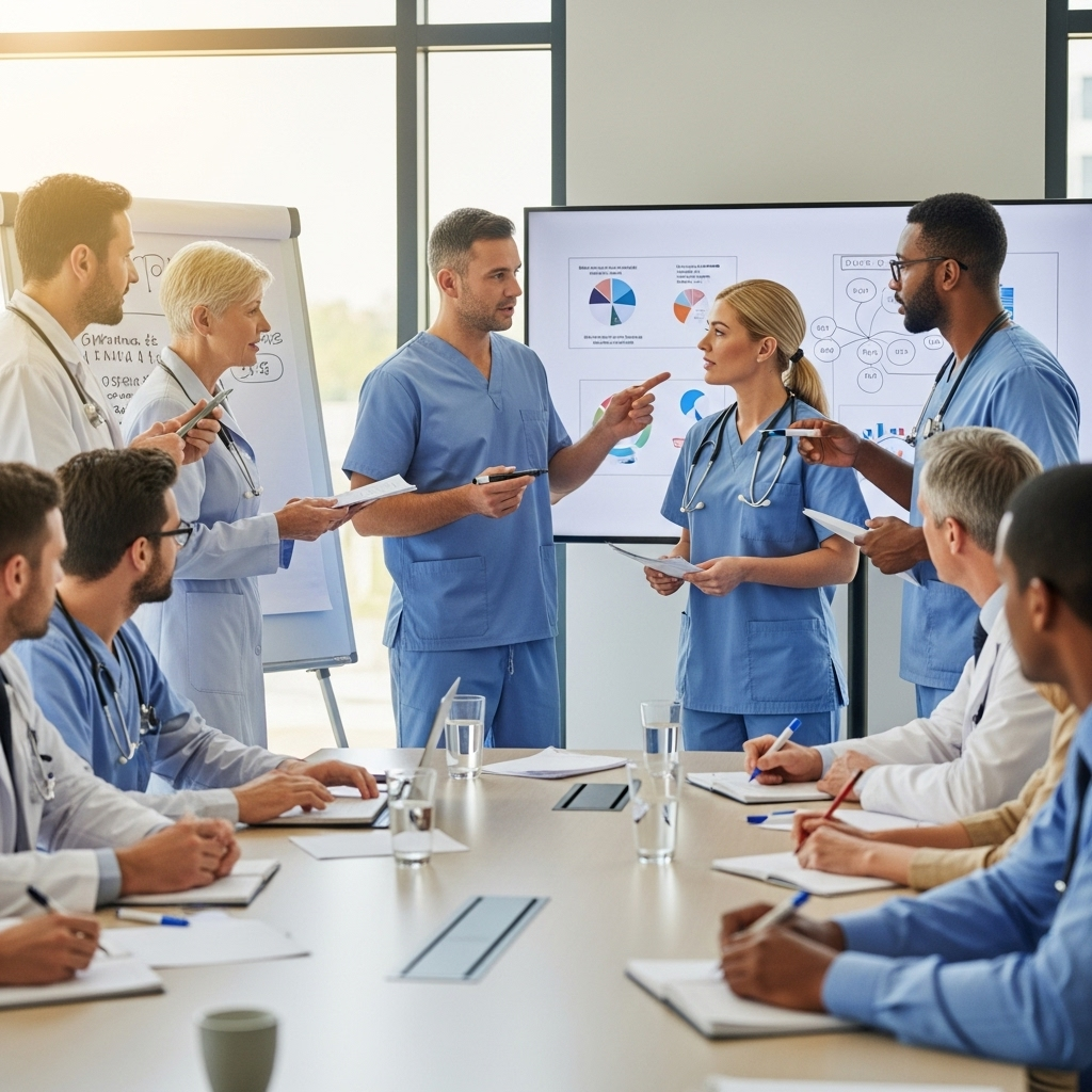 Healthcare professionals in a meeting room discussing patient care improvements and safety protocols. Focus on collaborative learning and quality improvement initiatives. Professional setting with natural lighting. No text.