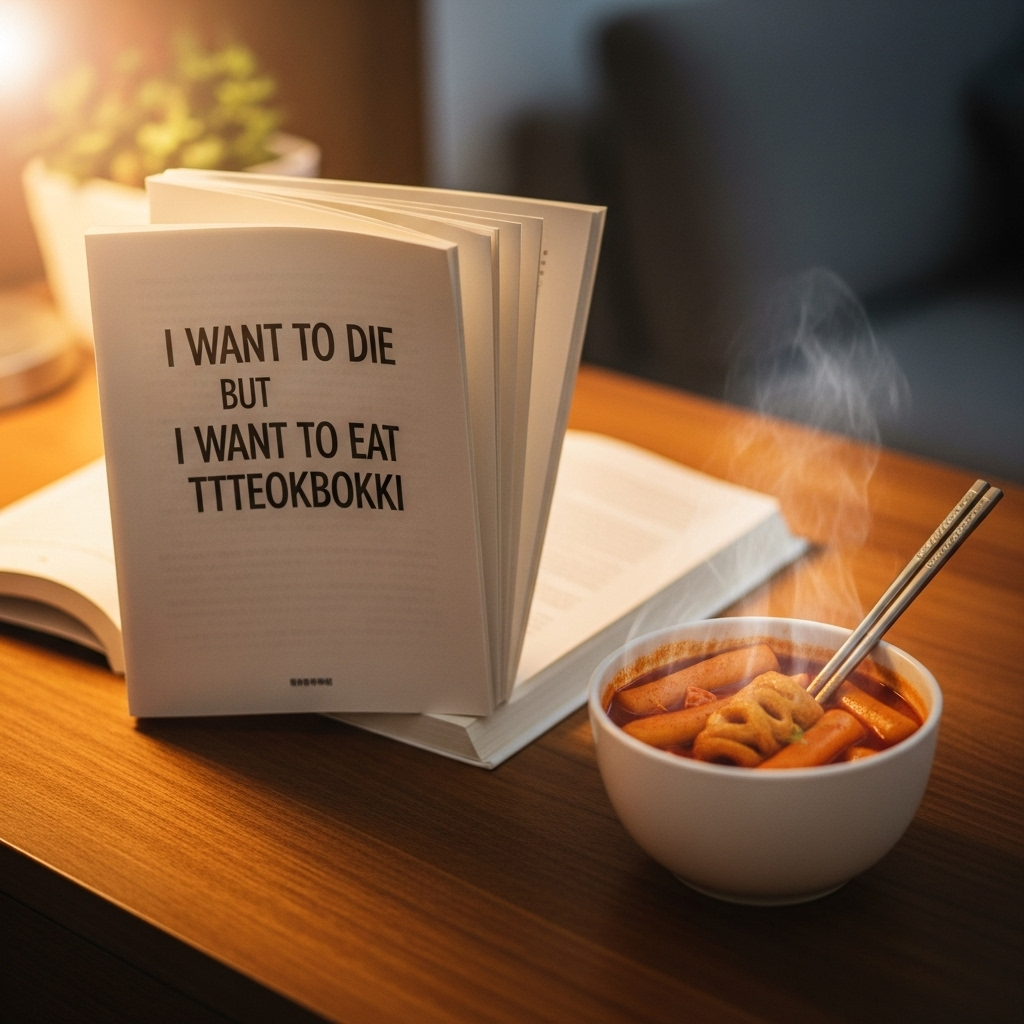 A cozy scene with the book "I Want to Die but I Want to Eat Tteokbokki" lying open on a wooden desk, next to a steaming cup of tteokbokki. Soft, warm lighting. Lifestyle photography, no text.