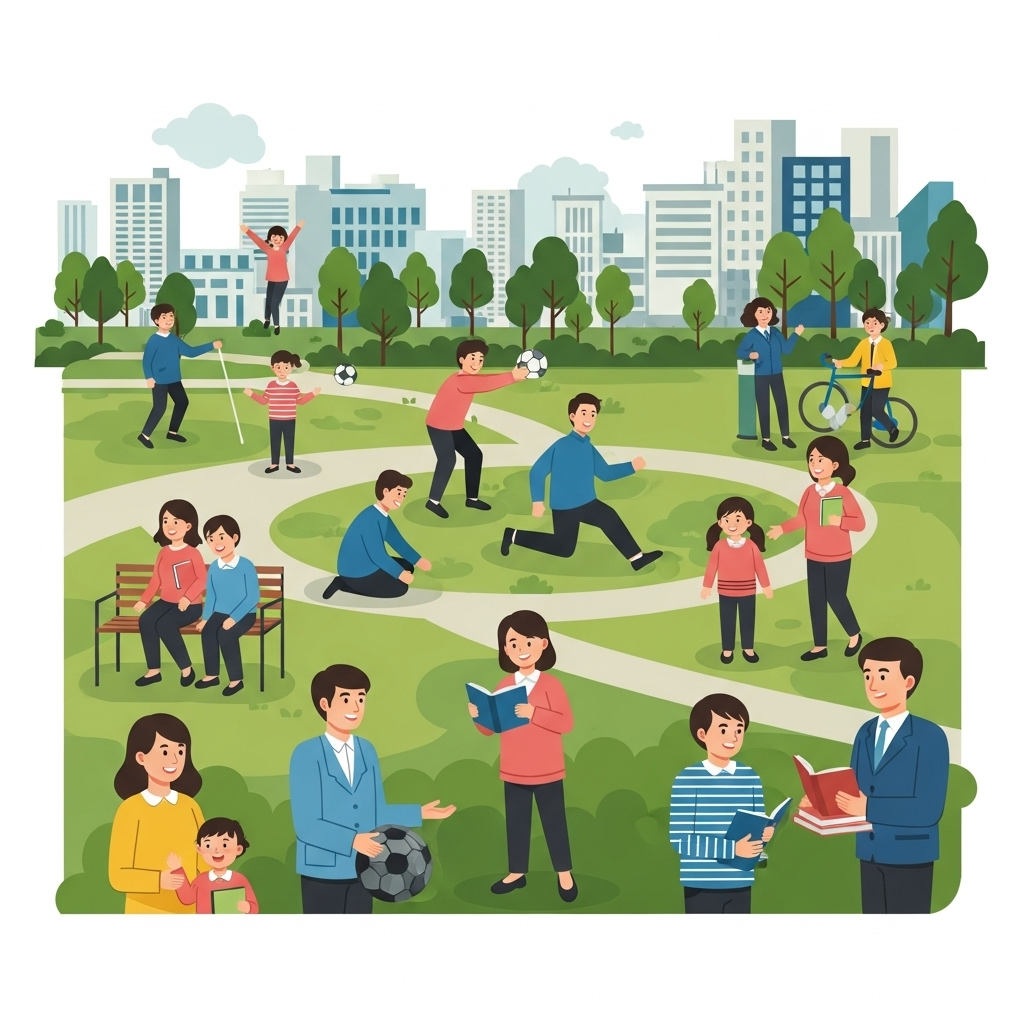 A vibrant and hopeful illustration of a diverse Korean community enjoying various outdoor activities and learning in a modern, green urban park. People of different ages are smiling, engaged in sports, reading, and interacting, symbolizing health, wellbeing, and community investment. The overall atmosphere is positive and forward-looking. Clean infographic style. No text.