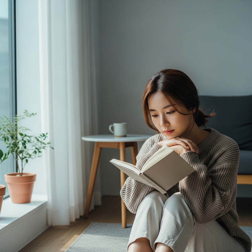 A young Korean woman sitting in a modern, minimalist room, looking contemplative while holding a journal. Soft, natural light streams through a window. The atmosphere is calm and reflective. Lifestyle photography, no text.