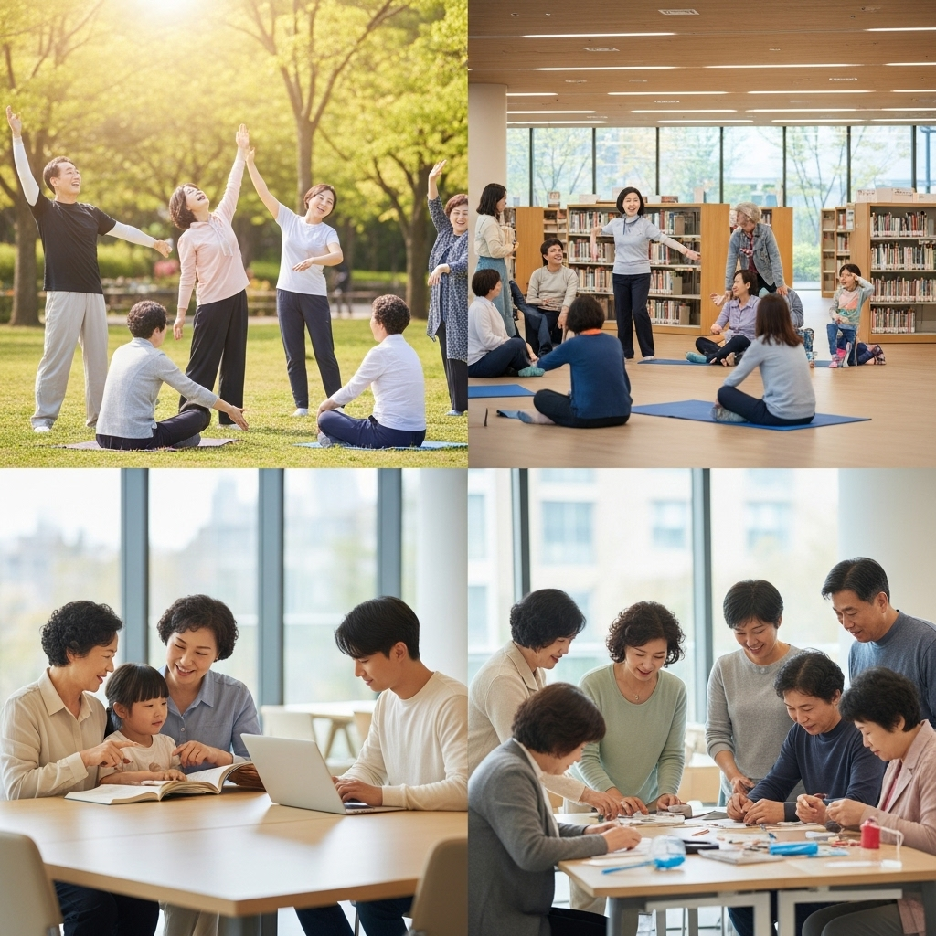 A diverse group of Korean residents, young and old, participating in various community activities like group exercises in a park, reading at a modern library, and engaging in educational workshops. The setting is bright and inclusive, showcasing improved wellbeing and health support. Lifestyle photography style. No text.