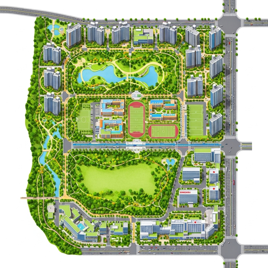 An overhead view of a well-organized Korean urban community with modern buildings, parks, and community centers, connected by clear pathways. The scene symbolizes strategic long-term investment in infrastructure, education, and health for future generations. Clean infographic style with a touch of realism. No text.
