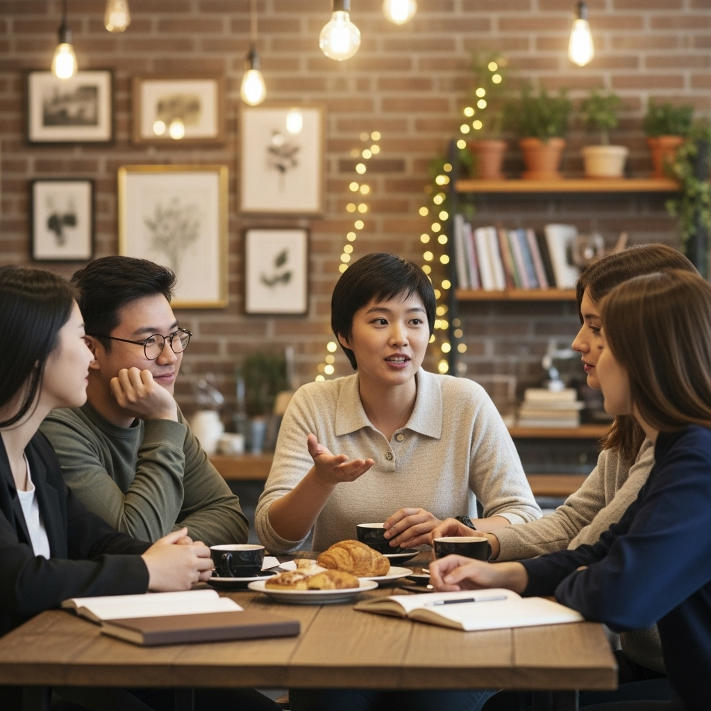 A diverse group of young Korean adults sitting in a cafe, engaged in conversation and sharing their thoughts, looking supportive and empathetic. The setting is warm and inviting. Lifestyle photography, no text.