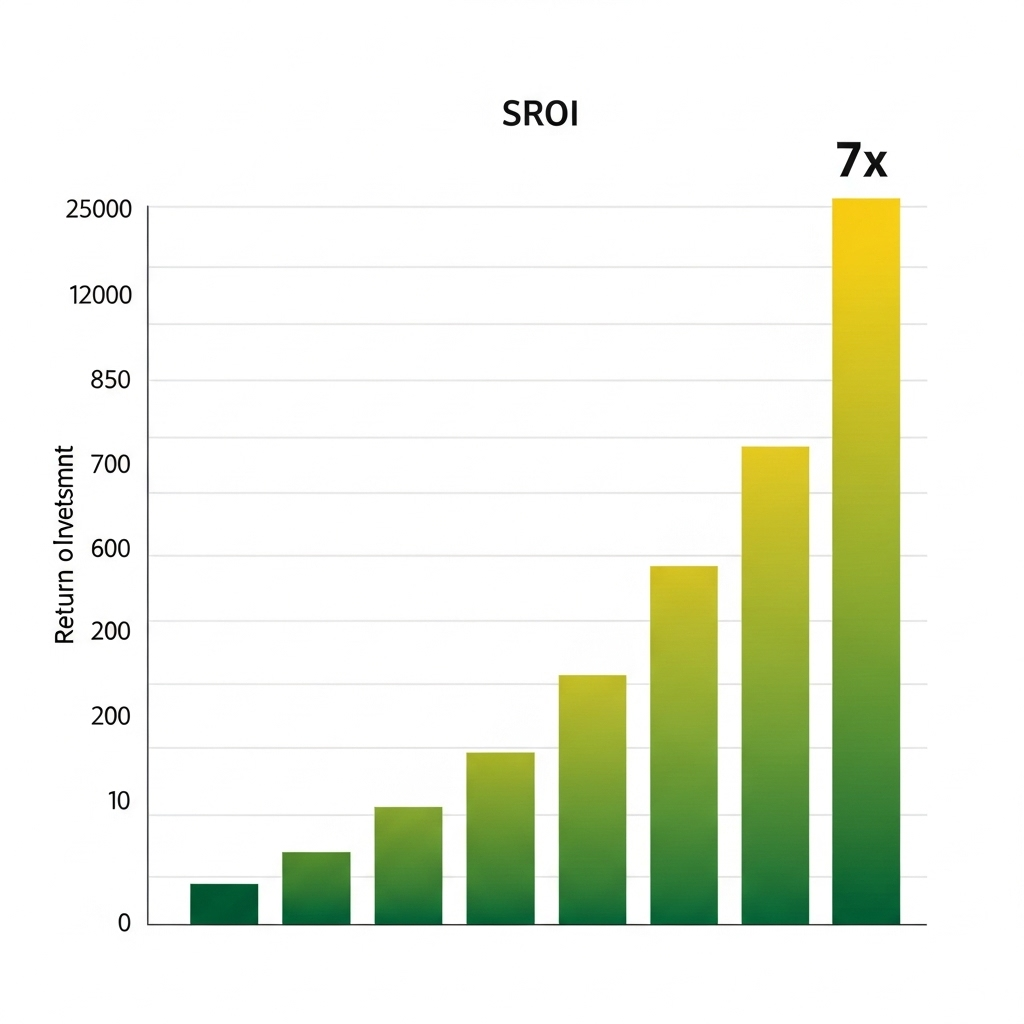 An infographic style image showing a bar chart or graph with an upward trend, clearly illustrating a social return on investment of over 7x. The chart is clean, professional, and uses colors that evoke growth and success. Korean figures are implied without actual text. No text.