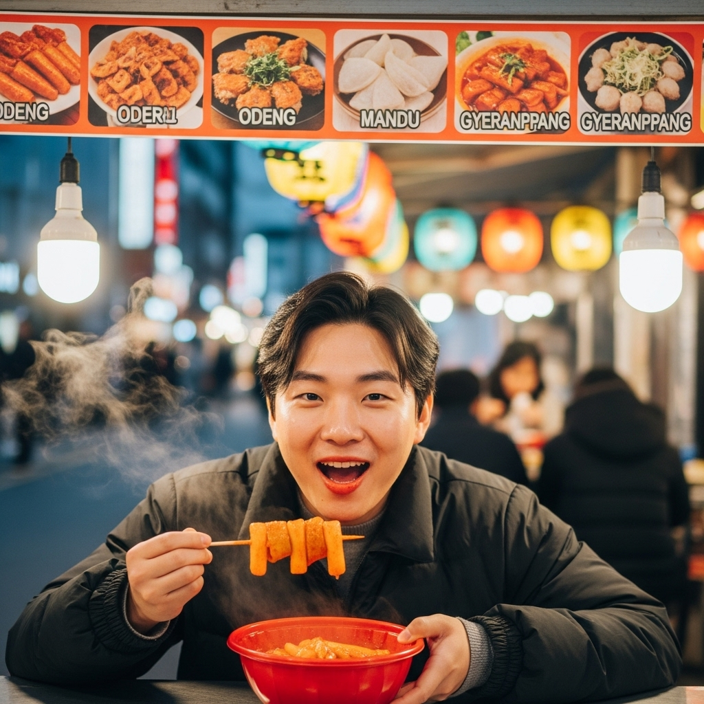 A young Korean person happily eating tteokbokki at a bustling street food stall in a lively Korean city. The scene is vibrant, capturing the joy of simple pleasures. Lifestyle photography, no text.