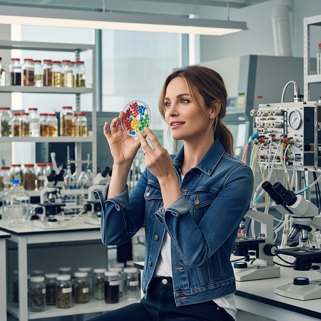 A Hollywood actress in casual clothing examining colorful seeds in a modern scientific laboratory setting, with glass containers and preservation equipment visible in the background, natural lighting, professional photography style, no text