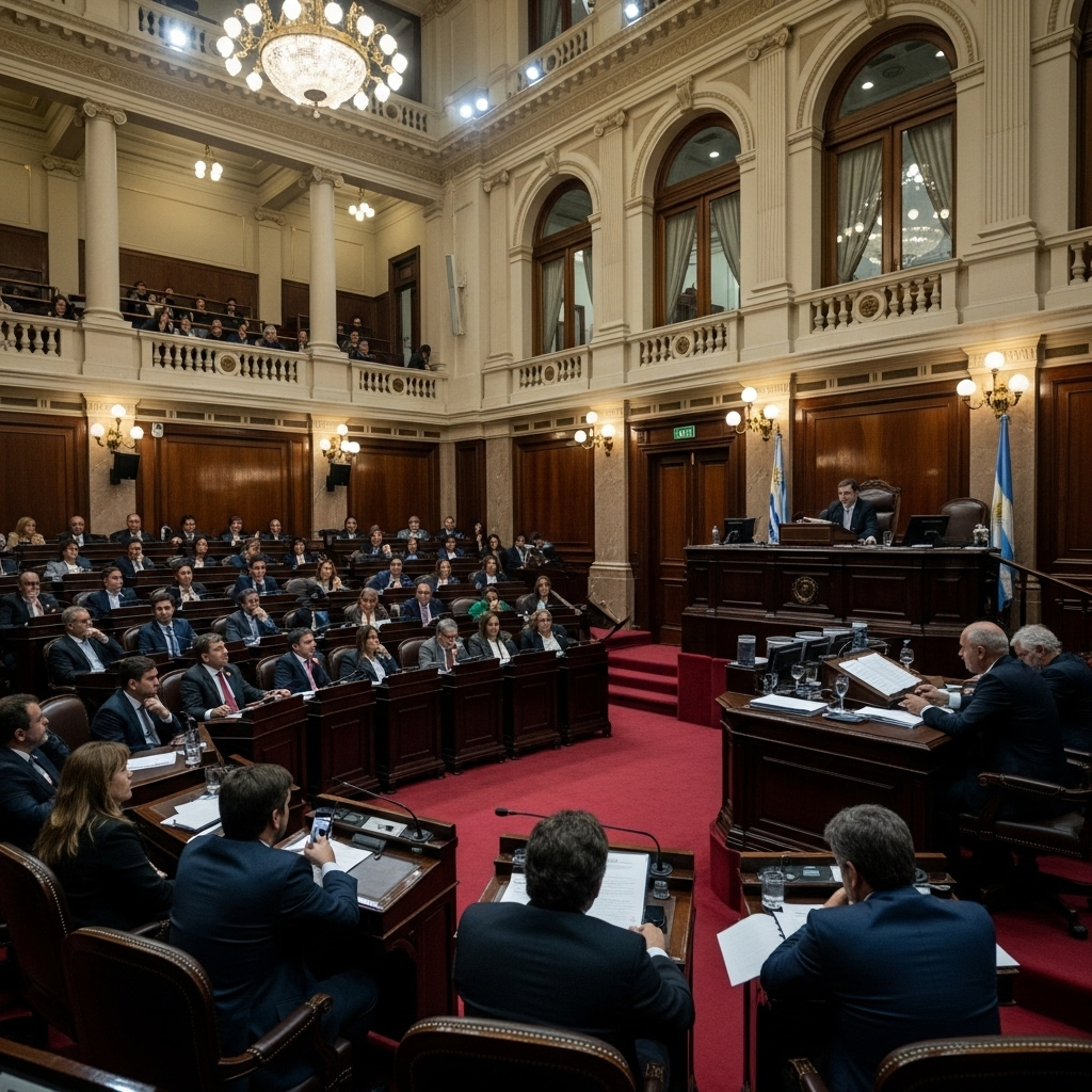 A wide shot of Uruguay's senate chamber during an intense legislative debate, with senators seated in a semicircle formation, dramatic lighting highlighting the formal governmental setting, realistic photography style showing the gravity of the historic moment, no text