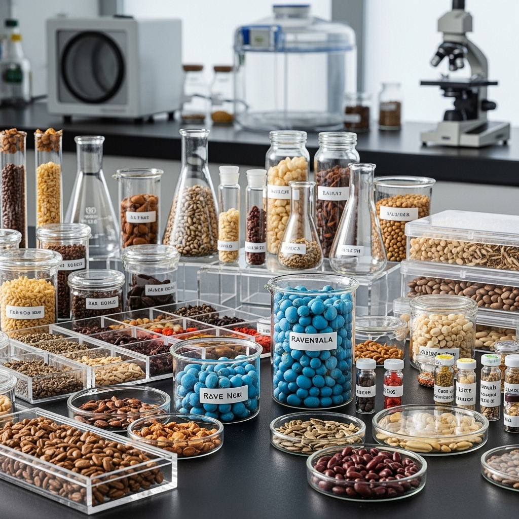 Colorful diverse seeds of different shapes and sizes displayed in scientific containers and storage systems, blue Ravenala agathea seeds prominently featured, laboratory setting with preservation equipment, clean scientific photography, no text